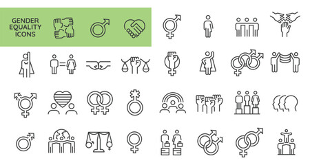 Gender equality icons. Set of 31 Equality trendy minimal icons representing diverse social issues, including gender equality, accessibility. Design signs for web page, mobile app. Vector illustration © InvisionFrameStudio