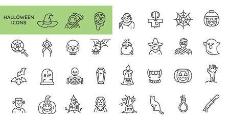 Halloween icons. Set of 31 Halloween trendy minimal icons. Skull, Zombie, Mummy, Pumpkin, Haunted House icon. Design signs for web page, mobile app, packaging design. Vector illustration