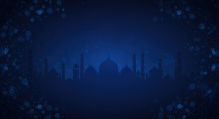 golden lanterns glowing warmly on street with palm trees and mosque in distance ideal for ramadan themed designs in international markets