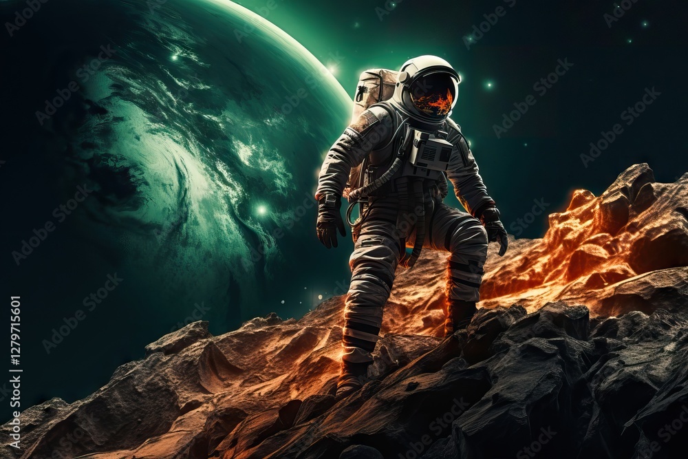 Poster astronaut exploring alien planet surface with green glowing planet in dark space background. futuris
