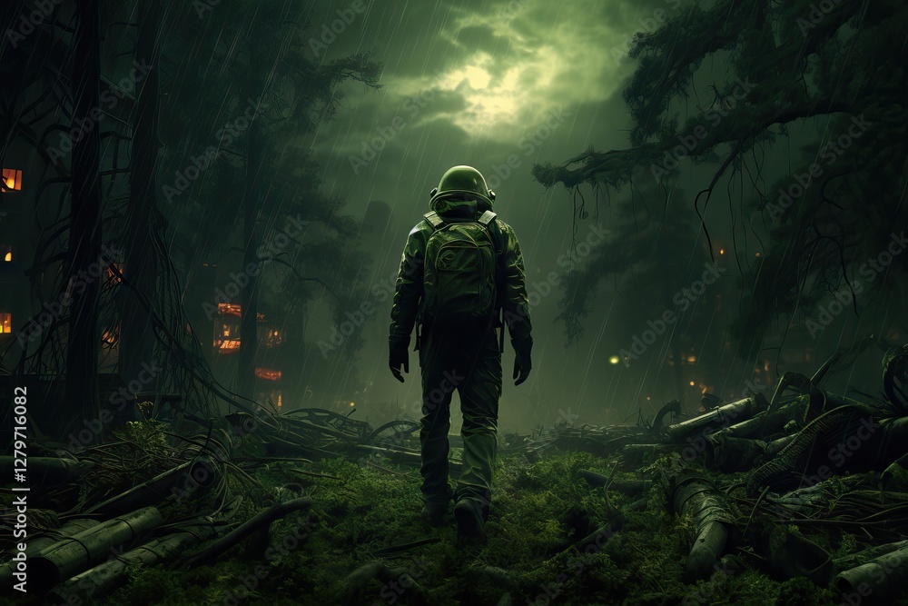 Poster astronaut in dark mysterious forest with full moon and fire. post apocalyptic scene with space explo