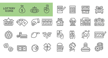 Lottery Icons. Set of 31 lottery-themed trendy minimal icons. Bingo, scratch card, Jackpot, lucky clover, winning ticket. Design signs for web page, mobile app, packaging design. Vector illustration