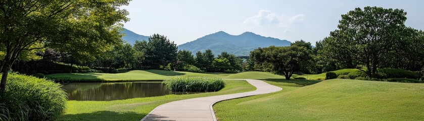 Serene Golf Course Landscape with Rolling Green Hills and Calm Water Reflection Under Clear Blue Sky