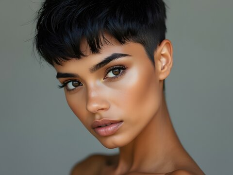 Latin model with modern pixie cut hairstyle, looking at camera, edgy undercut for women, short hair inspiration