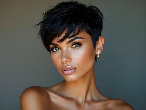 Latin model with modern pixie cut hairstyle, looking at camera, edgy undercut for women, short hair inspiration