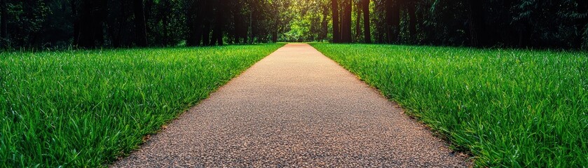 Obraz premium Serene Walkway Through Lush Green Grass Surrounded by Tall Trees in a Peaceful Natural Setting