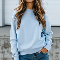 Young woman in a light blue sweatshirt exuding casual, effortless style.