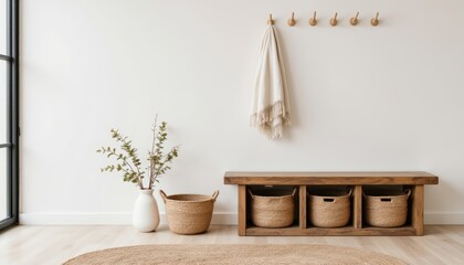 Cozy Modern Interior with Minimalist Bench, Natural Decor, and Stylish Storage Solutions