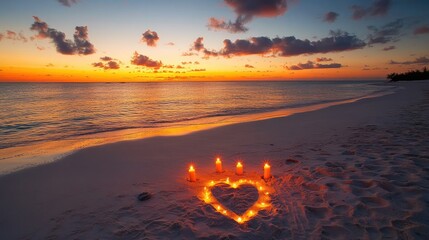 A secluded island beach with a heart-shaped candle arrangement in the sand