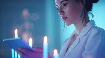 Young businesswoman analyzes glowing forex chart, showcasing financial growth and trends in a dynamic market environment.