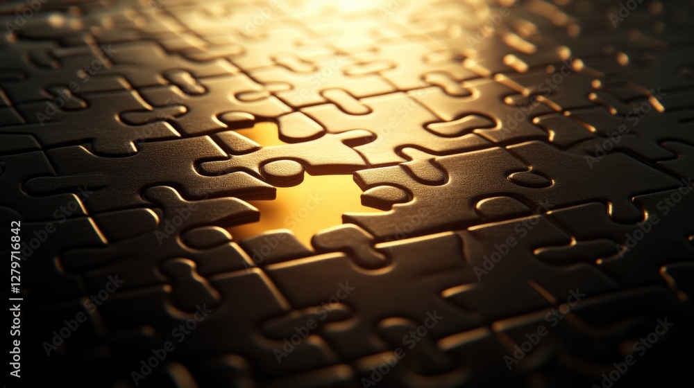 Poster close-up of a golden puzzle piece illuminated by light, highlighting its unique shape and texture