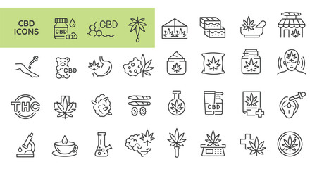 CBD icons. Set of 31 cannabis trendy minimal icons. Example: Leaf, Pills, Flask, Bud, Dispensary icon. Design signs for web page, mobile app, packaging design. Vector illustration.