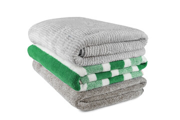 Soft fluffy striped grey and green bath towels folded in stack isolated on white, transparent...
