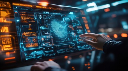 Obraz premium Software engineer is interacting with a futuristic transparent computer display, analyzing complex data streams and code in a high tech environment, enhancing cyber security