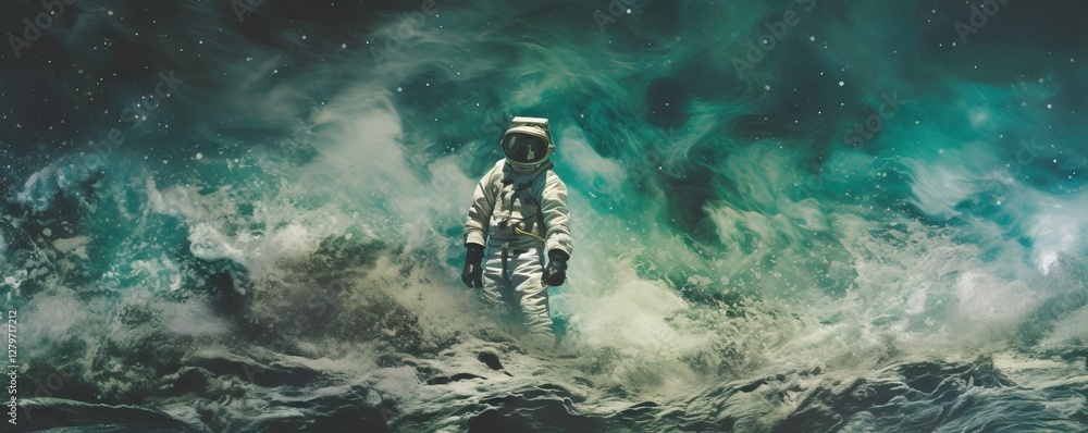 Poster astronaut floating in mysterious cosmic storm with turquoise nebula clouds and stardust. space explo