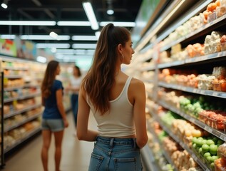 Young woman choosing products in supermarket groceries store