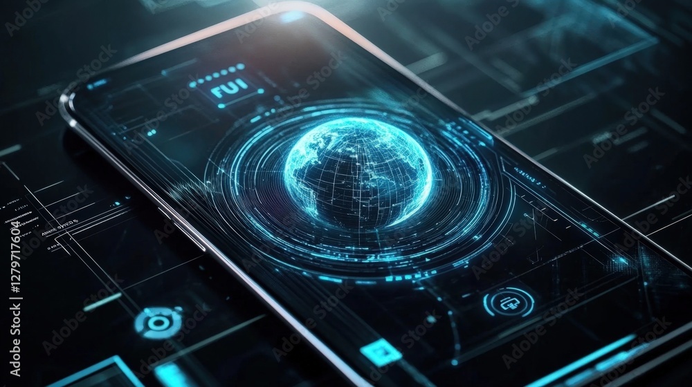 Poster futuristic user interface featuring a rotating hologram of planet earth above a smartphone. surround