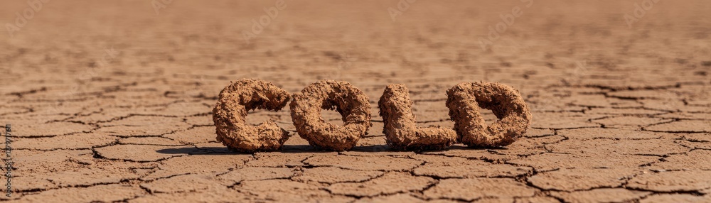 Poster dry and cracked earth with letters formed from soil representing the word cold in a unique and artis