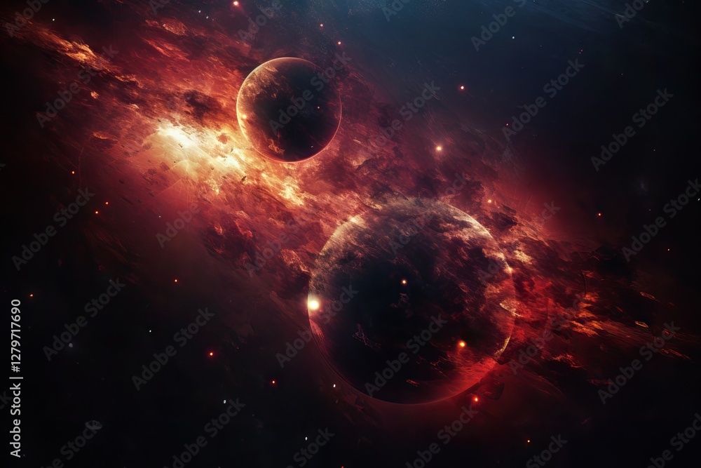 Poster space nebula with two dark planets in red cosmic clouds. deep space exploration background. science 