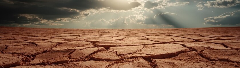 Dry and Cracked Earth Under Dramatic Cloudy Sky with Rays of Light Shining Through the Clouds