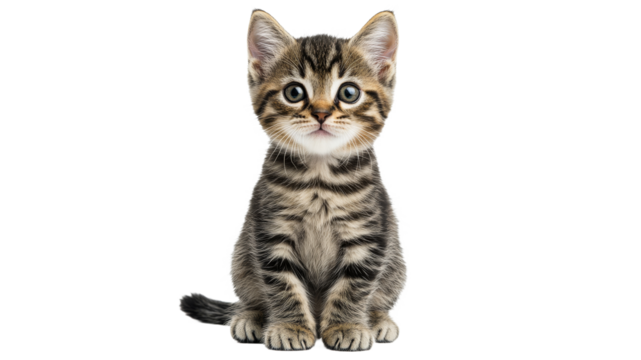 Calm tabby kitten on white background