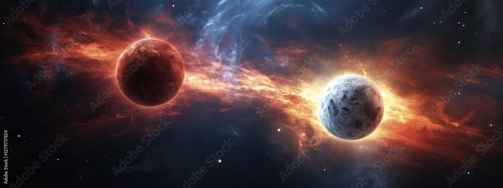 Poster two planets collision in deep space with cosmic dust and energy waves. space catastrophe scene with 