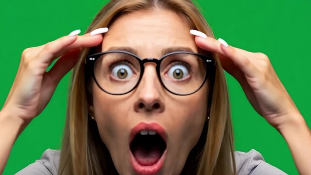 Woman with scared facial expression, green screen, chroma key