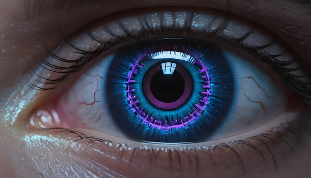 Close-up of a futuristic human eye with a glowing cybernetic interface and neon digital elements  