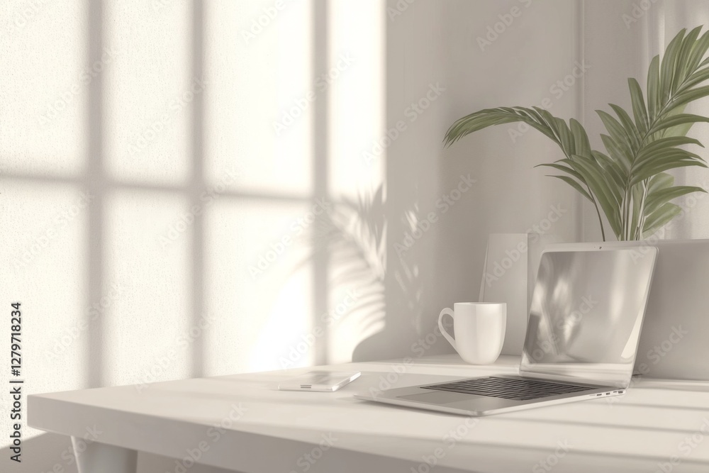 Poster bright afternoon light streams through a window, casting soft shadows on a clean workspace featuring