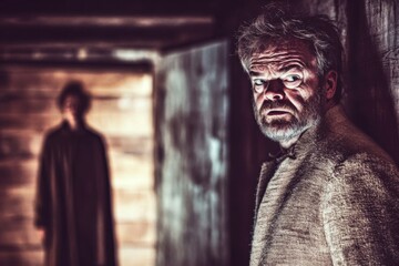 Naklejka premium A man with a troubled expression stands in a shadowy corridor while a figure lurks ominously in the background, creating an unsettling atmosphere at dusk. Generative AI