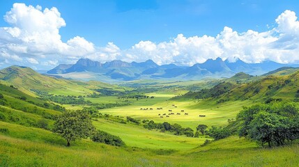 Obraz premium A panoramic view of the Drakensberg Mountains with wildlife roaming the plains below