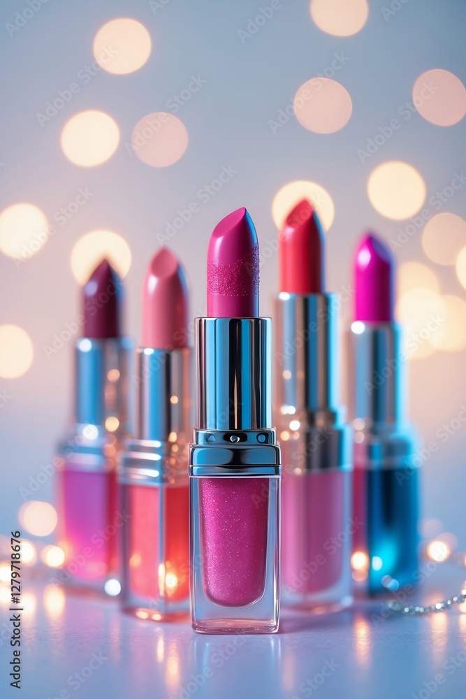 Poster colorful lipsticks in various shades with soft bokeh background creating a vibrant and captivating d