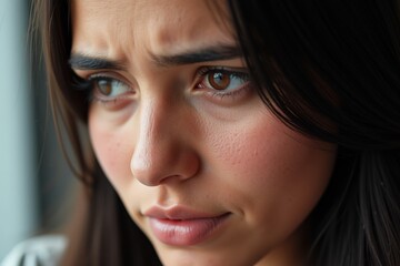 A Thoughtful Young Woman with Dark Hair and Hazel Eyes Expressing Contemplation and Emotion While Looking Out a Window in Natural Light, Capturing a Moment of Reflection