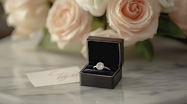 Proposal note carefully folded next to a small engagement ring box