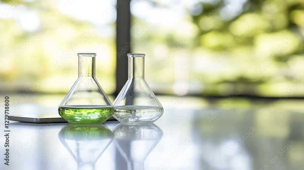 Poster two erlenmeyer flasks containing green and clear liquids sit on a table near a window with a blurred