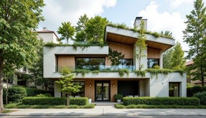 Fototapeta premium Modern House with Green Roof and Lush Surroundings in Bright Daylight