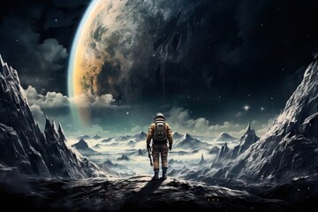 Lone astronaut exploring alien planet landscape with giant moon in sky. Science fiction space adventure scene with mountains and stars. Dark futuristic artwork