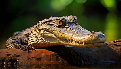Obraz premium Crocodile resting on a log near the water in a lush green environment during daylight hours