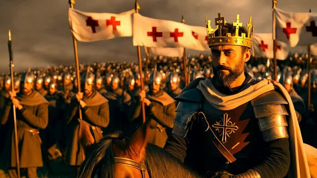 Royal monarch wearing golden crown, armored and mounted, surveying military formation beneath kingdom banners, preparing for impending confrontation