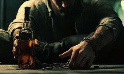 Addicted man in handcuffs with bottle of alcoholic drink at table against blurred background, closeup