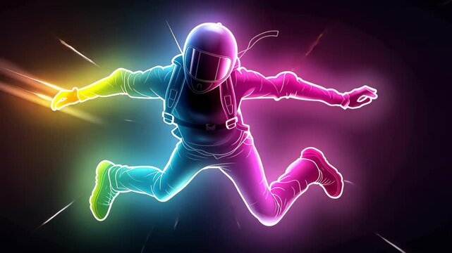 Vivid neon art captures a person floating midair, defying gravity in an indoor skydiving scene against a black backdrop.