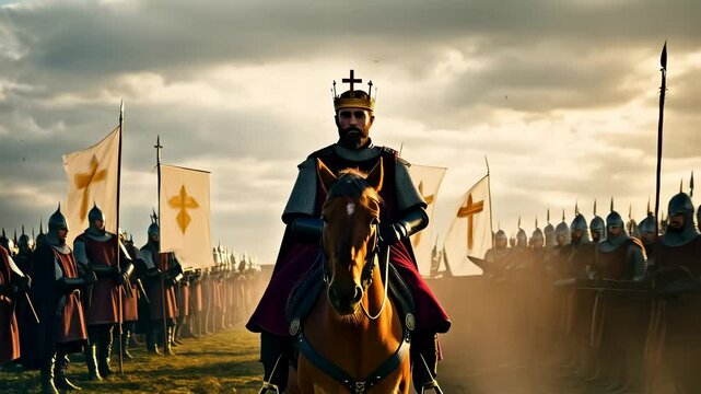 Medieval monarch wearing golden crown, riding armored horse, leading chainmail clad army across battlefield under stormy sky, white heraldic flags waving fiercely