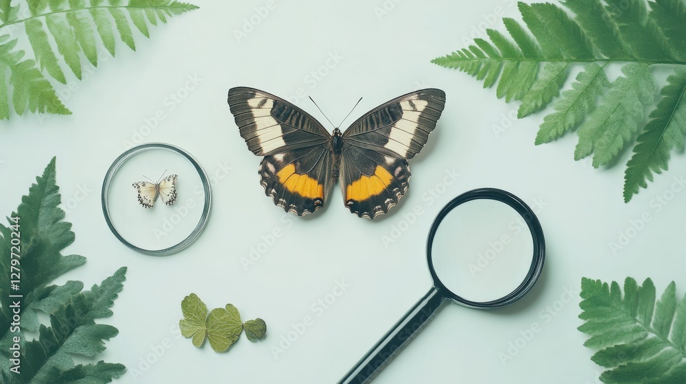 Poster close-up of a butterfly displayed with a magnifying glass and small specimens on a light background