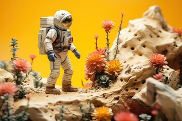Miniature astronaut exploring rocky terrain with orange flowers against yellow background. Space exploration concept. Creative toy photography with copy space