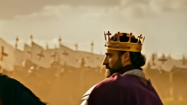 Medieval monarch adorned with golden crown and shining armor, commanding armored soldiers bearing crimson cross banners, standing poised before imminent medieval warfare