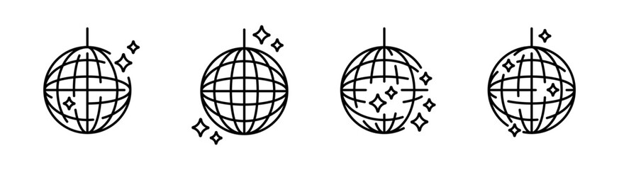 Glittering disco ball icons. Shining mirror sphere for nightclub party. Party discoball.