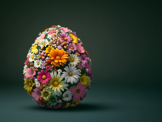 A floating Easter egg made of colorful spring flowers on a dark green background, with ample copy space for text, embodying a minimalist Easter concept and banner design.
