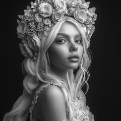 A hyper-realistic 3D model of a beautiful woman with a flower crown, featuring white and gray hair.