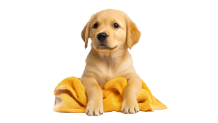 Golden retriever puppy on yellow towel
