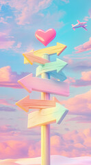 A travel-themed background with colorful arrows on a wooden signpost, an airplane in the sky, and heart-shaped pink arrows pointing to different places. Advertisement for travel agencies.
